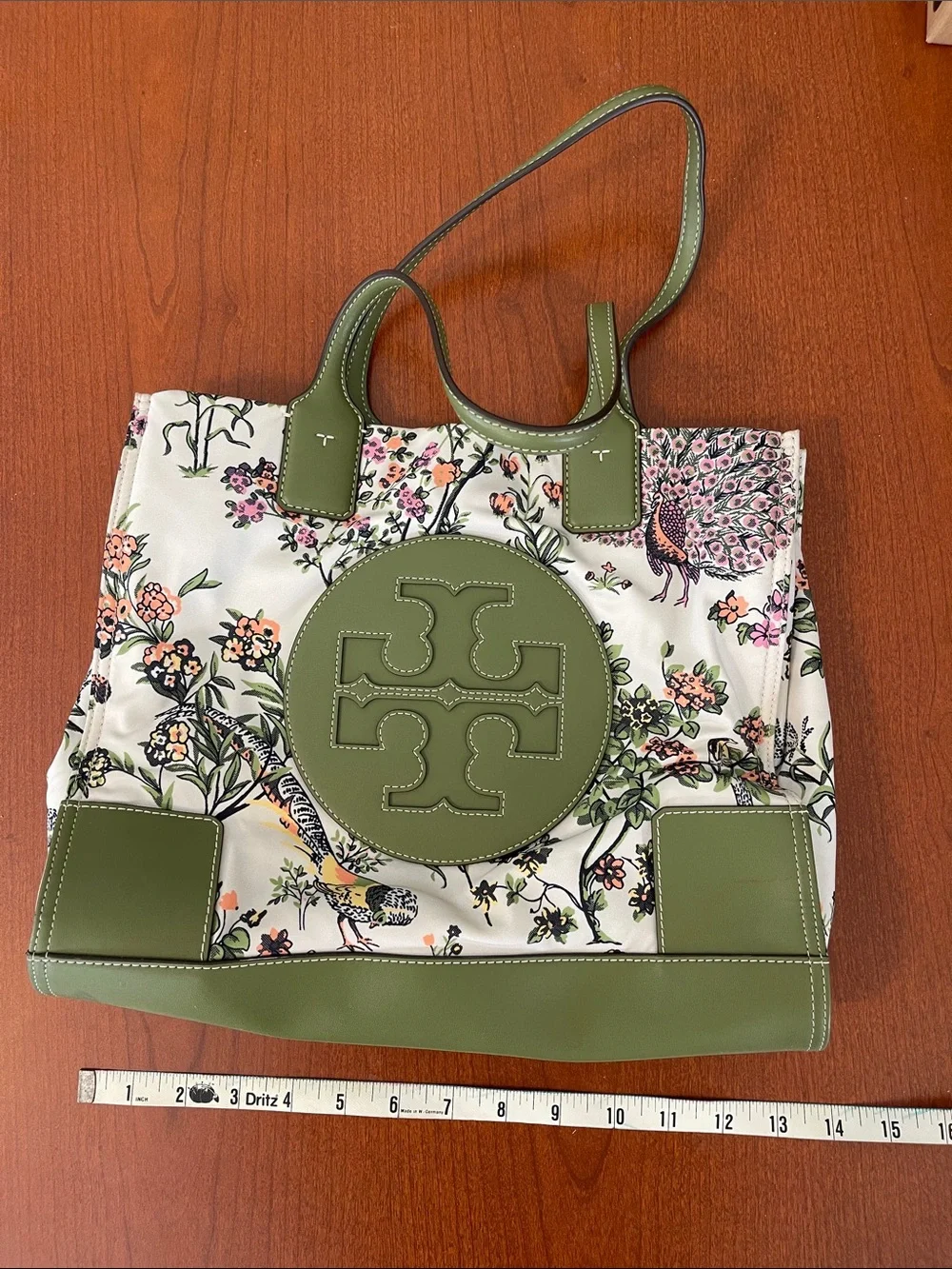 Tory Burch Ella Floral Peacock Tote Green Leather Large Printed Bag